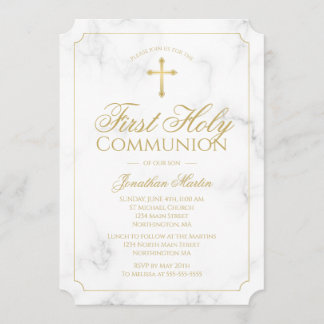 First Communion Marble Elegant Gold Script Boy Einladung