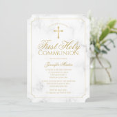 First Communion Marble Elegante Gold Script Girl Einladung (Stehend Vorderseite)