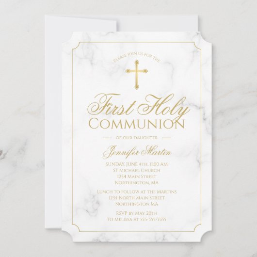 First Communion Marble Elegante Gold Script Girl Einladung (Vorderseite)