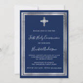 First Communion Marion Blue Silber Luxus Einladung (Vorderseite)