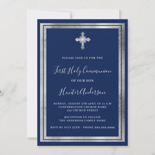 First Communion Marion Blue Silber Luxus Einladung (Vorderseite)