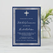 First Communion Marion Blue Silber Luxus Einladung (Stehend Vorderseite)
