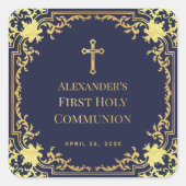 First Communion Navy Blue Elegant Boy Imitats Gold Quadratischer Aufkleber (Vorderseite)