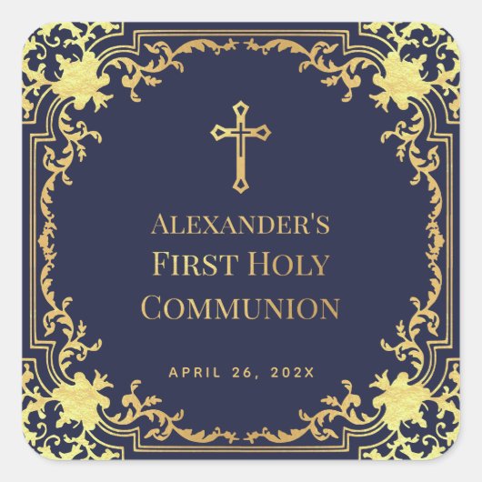 First Communion Navy Blue Elegant Boy Imitats Gold Quadratischer Aufkleber (Vorderseite)
