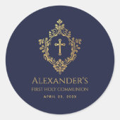 First Communion Navy Blue Gold Wappen Eleganter Ju Runder Aufkleber (Vorderseite)
