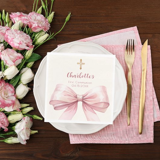 First Communion pink bow cream cross luncheon Serviette