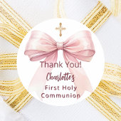 First Communion pink bow girl cross thank you Runder Aufkleber