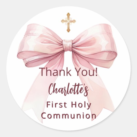 First Communion pink bow girl cross thank you Runder Aufkleber (Vorderseite)