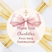 First Communion pink bow ivory cross thank you Runder Aufkleber