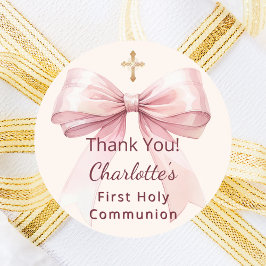 First Communion pink bow ivory cross thank you Runder Aufkleber