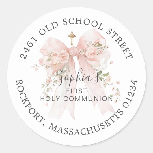 First Communion Pink Bow Return Address Label Runder Aufkleber (Vorderseite)