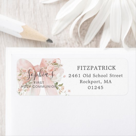 First Communion Pink Bow Roses Return Address (Insitu)