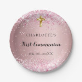 First Communion pink confetti name girl Pappteller (Vorderseite)