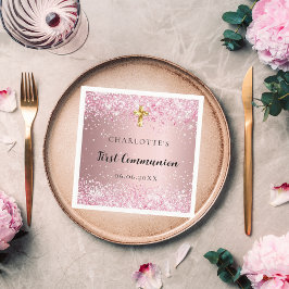First Communion pink confetti name girl Serviette