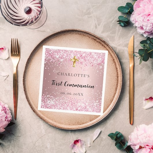 First Communion pink confetti name girl Serviette