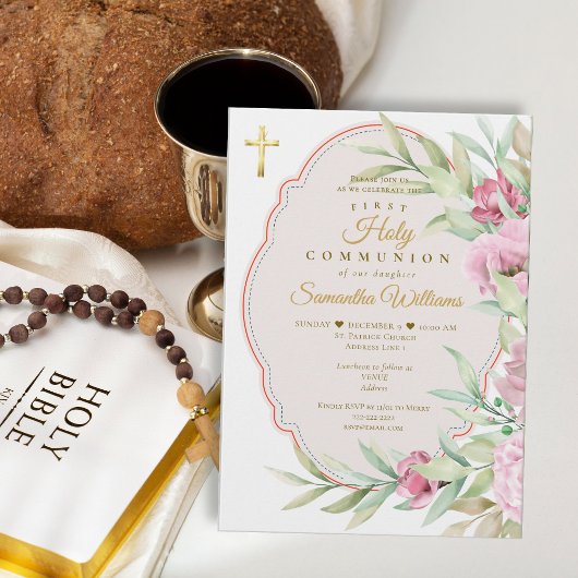 First Communion Pink Floral Watercolor Gold Cross Einladung