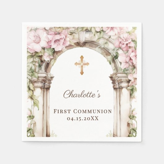 First Communion Pink Florals Arch Cross Luncheon Serviette (Vorderseite)