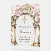 First Communion Pink Florals Arch Cross Welcome Acrylschild (Winkel)