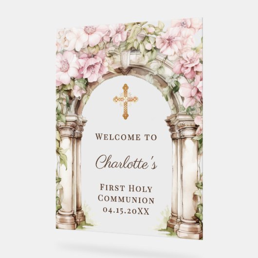 First Communion Pink Florals Arch Cross Welcome Acrylschild (Winkel)