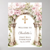First Communion Pink Florals Arch Cross Welcome Poster (Vorne)