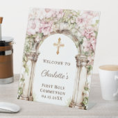 First Communion Pink Florals Arch Cross Welcome Sockelschild (In Situ)