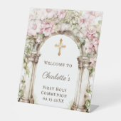 First Communion Pink Florals Arch Cross Welcome Sockelschild (Vorderseite)