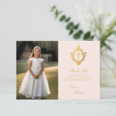 First Communion Pink Gold Elegantes Girl Foto Wapp Dankeskarte (Stehend Vorderseite)