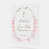 First Communion pink peonies welcome Acrylschild (Winkel)