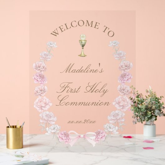 First Communion pink peonies welcome Acrylschild (Hochzeit)