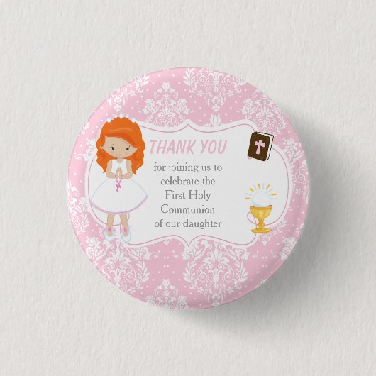 First Communion Red Hair Girl Danke Button (Vorderseite)