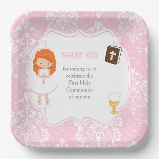 First Communion Red Hair Girl Danke Pappteller (Vorderseite)