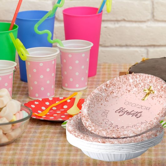 First Communion Rose gold confetti Mädchenname Pappteller