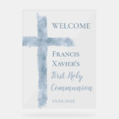 First Communion Wasserfarben blaues Kreuz Acrylschild (Vorderseite)