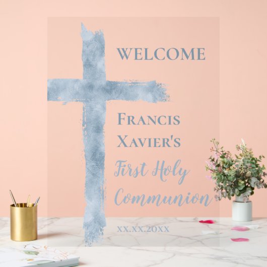 First Communion Wasserfarben blaues Kreuz Acrylschild (Hochzeit)