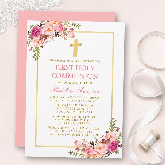 First Communion Watercolor Pink Blush Floral Gold Einladung