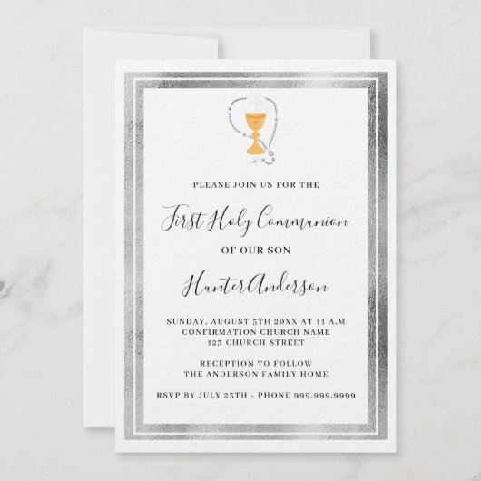 First Communion White Silver Chaliest Moderator Lu Einladung (Vorderseite)