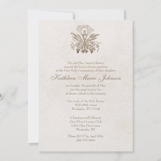 First CommunionChalice Host Burgundy White Roses Einladung (Rückseite)