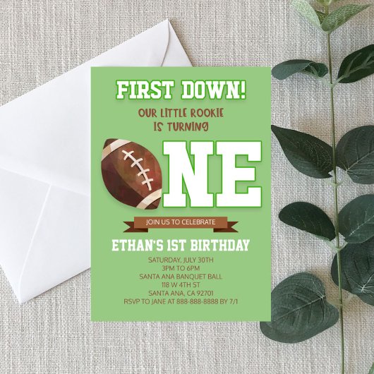 First Down Football Green ONE 1st Birthday Party Einladung