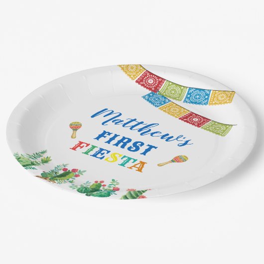 First Fiesta Birthday Party Plate, Junge, Mexikane Pappteller (Schrägansicht)