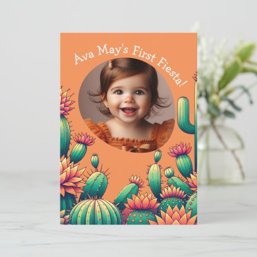 First Fiesta Cactus Birthday Custom Foto Einladung (Stehend Vorderseite)