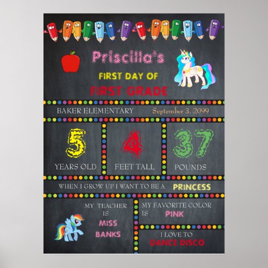 First Grade Kindergarten Mädchen, Tafelschild Poster (Vorne)