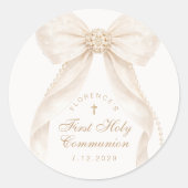First Holly Communion Gold Cross Ivory Bow Runder Aufkleber (Vorderseite)