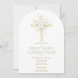 First Holy Communion Arched Invite, Floral Cross  Einladung