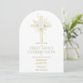 First Holy Communion Arched Invite, Floral Cross  Einladung (Stehend Vorderseite)