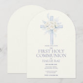 First Holy Communion, Blue Floral Cross Arched Einladung (Vorne/Hinten)
