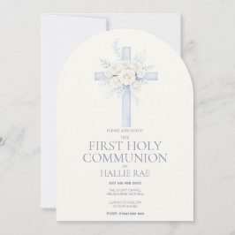 First Holy Communion, Blue Floral Cross Arched Einladung