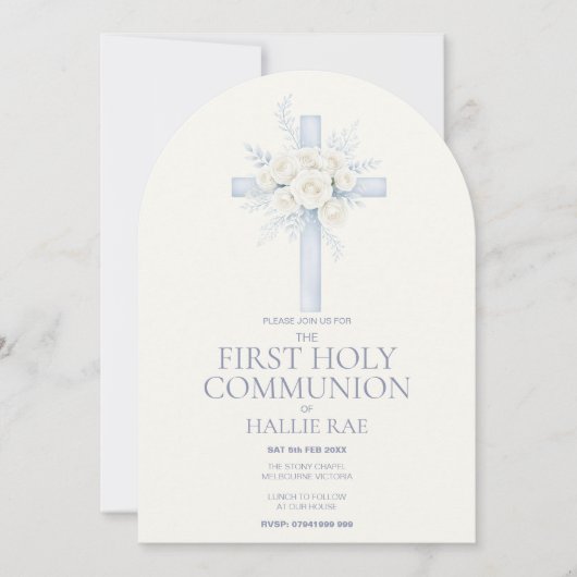 First Holy Communion, Blue Floral Cross Arched Einladung (Vorderseite)