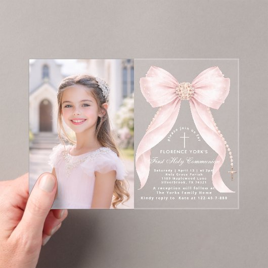 First Holy Communion Blush Pink Bow Christian Acryleinladungen (Insitu (Handheld))