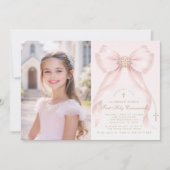 First Holy Communion Blush Pink Bow Christian Einladung (Vorderseite)