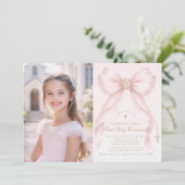 First Holy Communion Blush Pink Bow Christian Einladung (Stehend Vorderseite)